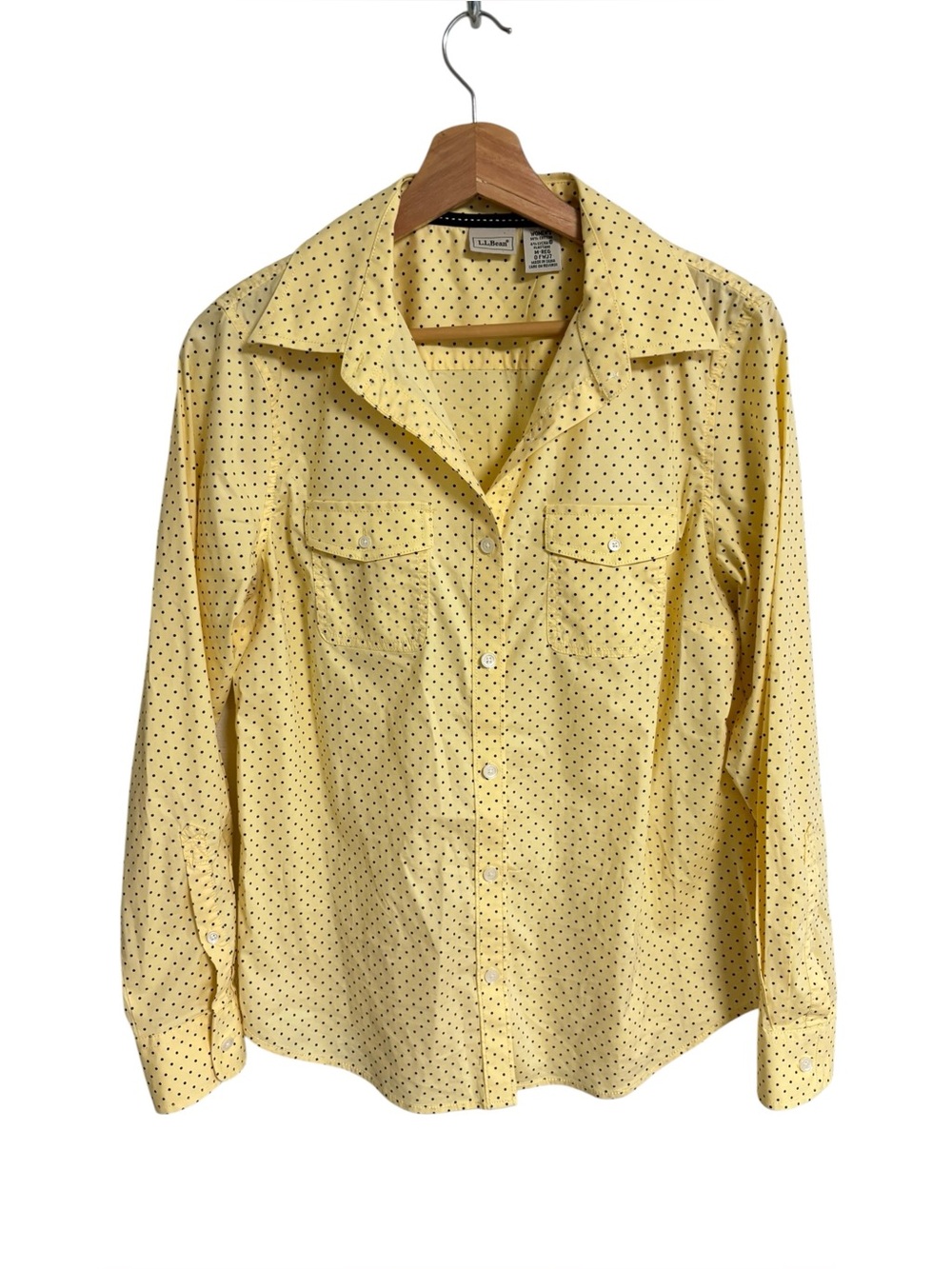 L.L. Bean yellow & navy polka dot long sleeve button up chest pockets shirt M